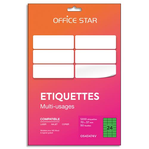 Bote de 1200 tiquettes adhsives multiusage format 70x37mm Office Star, planche A4, coloris vert