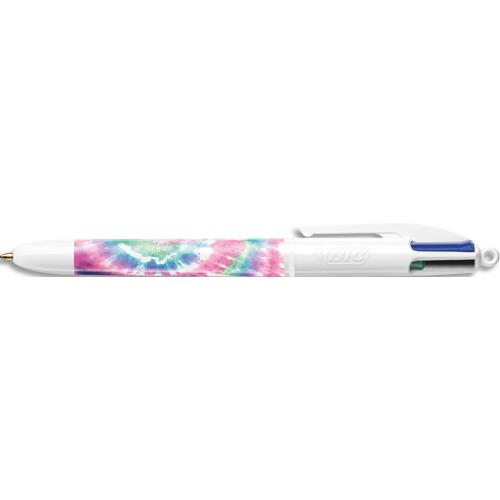 Stylo bille rtractable Bic 4 Couleurs. Corps dcor d'un design Tie & Dye rose, bleu violet et blanc