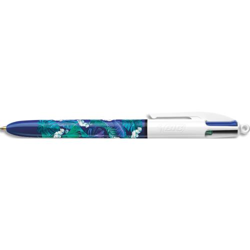 Stylo bille rtractable Bic 4 Couleurs. Corps dcor d'un design botanique feuills verte, bleue et blanc