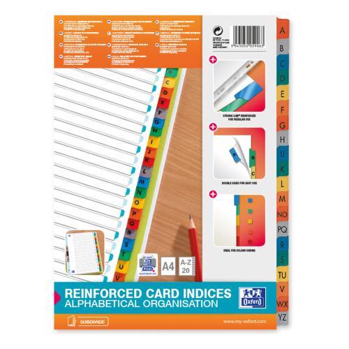 Intercalaire alphabtique Oxford, carte blanche 170g, 20 positions renforces mylar, format A4, assortis
