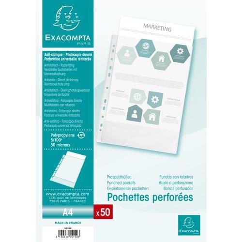 Sachet de pochettes perfores Exacompta A4 en polypropylne grain 5/100e cristal