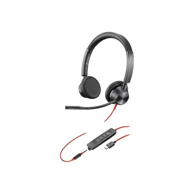 Poly Blackwire 3325 - Blackwire 3300 series - micro-casque - sur-oreille - filaire - jack 3,5mm, USB-C - noir - Certifi pour Microsoft Teams, certifi UC