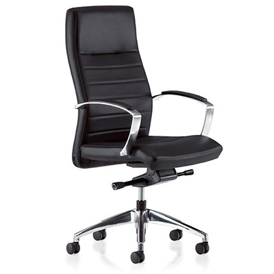 Fauteuil de direction Harly - assise et dossier croute de cuir noir - mcanisme basculant dcentr - pitement aluminium poli