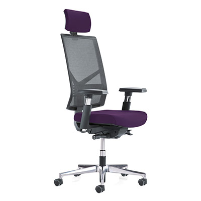 Sige de bureau  roulettes Opus NPR 1813 - dossier rsille noire avec ttire tissu - assise tissus prune - synchrone ergonomique - accotoirs rglables 4D - pitement aluminium poli