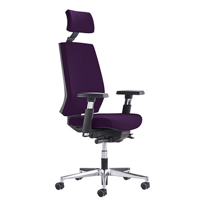 Sige de bureau  roulettes Opus NPR 1813 - dossier avec ttire et assise tissu prune - synchrone ergonomique - accotoirs rglables 4D - pitement aluminium poli