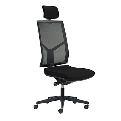 Sige de bureau  roulettes Opus - dossier rsille noire avec ttire - assise tissu noir - synchrone ergonomique - pitement nylon noir