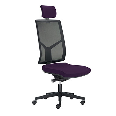 Sige de bureau  roulettes Opus - dossier rsille noire avec ttire - assise tissu prune - synchrone ergonomique - pitement nylon noir