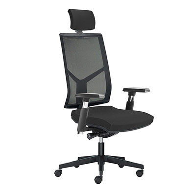 Sige de bureau  roulettes Opus - dossier rsille noire avec ttire - assise tissu gris orage - synchrone ergonomique - accotoirs 4D - pitement nylon noir