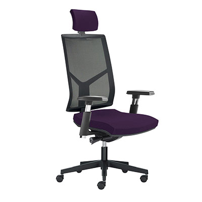 Sige de bureau  roulettes Opus - dossier rsille noire avec ttire - assise tissu prune - synchrone ergonomique - accotoirs 4D - pitement nylon noir