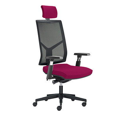 Sige de bureau  roulettes Opus - dossier rsille noire avec ttire - assise tissu fuschia - synchrone ergonomique - accotoirs 4D - pitement nylon noir