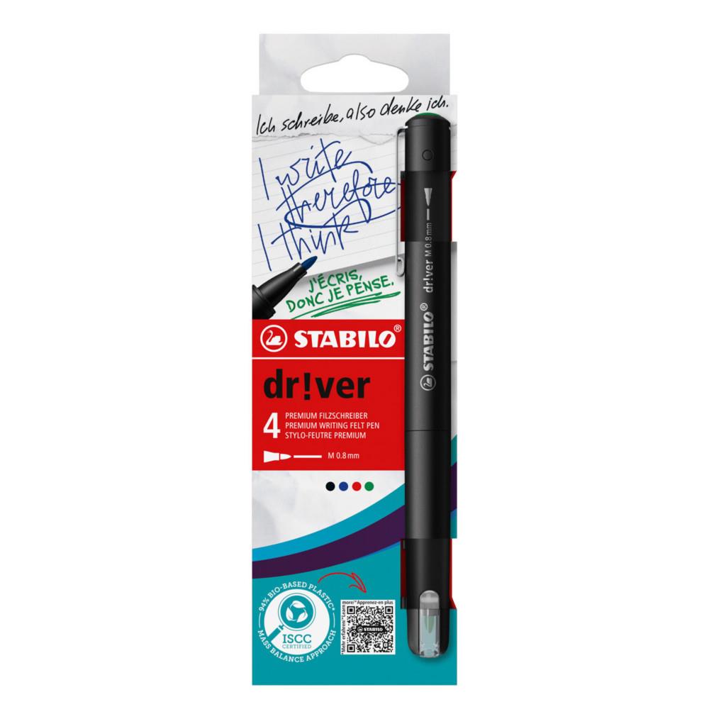 Stylo-feutre Dr!ver Stabilo pointe moyenne -0,8 mm - Corps en plastique biosourc� - Pochette de 4 couleurs