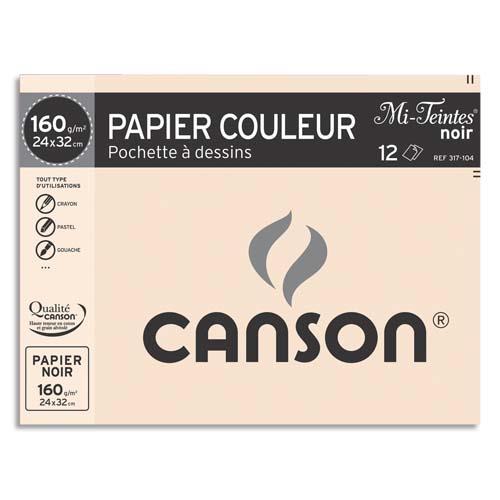 Pochette de 12 feuilles Canson - mi teintes - format 24 x 32 cm - 160 g - coloris noir - Rf : 317104