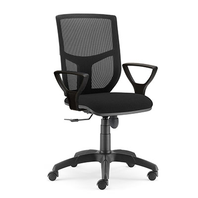Sige de bureau  roulettes Alter - mcanisme synchrone - dossier rsille noire - assise tissu noir - accotoirs fixes - pitement nylon noir