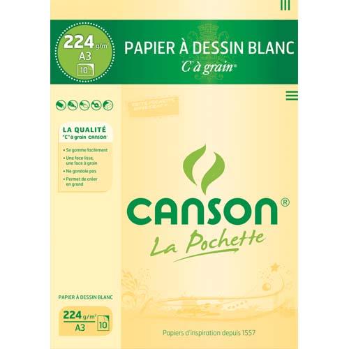 Feuilles  dessin Canson "C" 27-115 -  grain - 224 g - format 29,7 x 42 cm - blanc - pochette de 10
