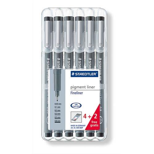 Etui de 6 feutres Staedtler Pigment Liner noirs pointe calibre 0,05/0,1/0,2/0,3/0,5/0,8