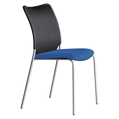 Lot de 2 chaises Sun avec dossier galb en rsille noir - assise tissu bleu - structure 4 pieds en tube mtallique gris aluminium