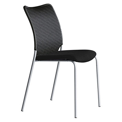 Lot de 2 chaises Sun avec dossier galb en rsille noir - assise tissu noir - structure 4 pieds en tube mtallique gris aluminium