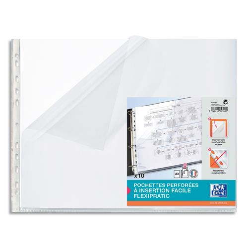 Pochettes perfores ouverture en coin - format A3 - polypropylne 9/100e - sachet de 10