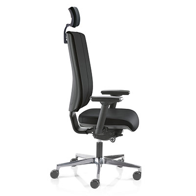 Fauteuil de direction ergonomique Coach - dossier et assise cuir noir - ttire inclinable - mcanisme synchrone - accotoirs rglables 4D - pitement aluminium poli