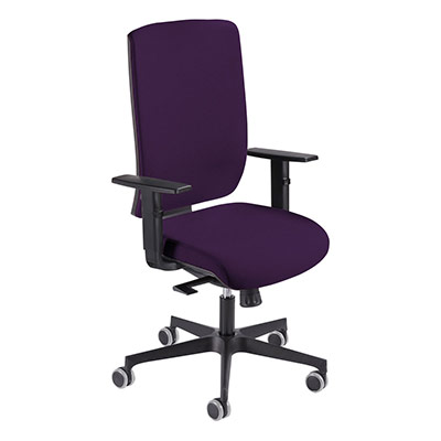 Sige de bureau  roulettes Coach - assise et dossier tissu prune - synchrone - accotoirs 4D - pitement mtal noir