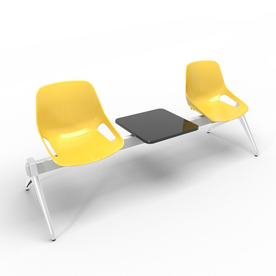 Poutre Rosalie 2 places + 1 tablette - assise polypropylne jaune - pitement aluminium poli - traverse mtal gris aluminium