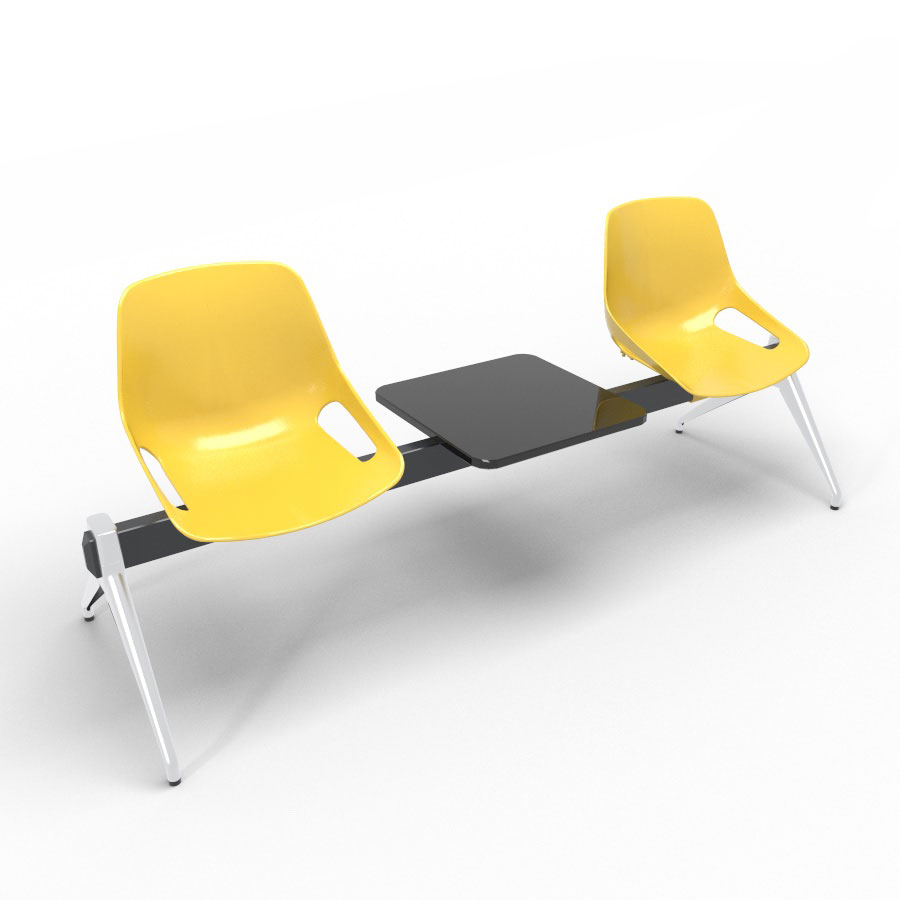 Poutre Rosalie 2 places + 1 tablette - assise polypropylne jaune - pitement aluminium poli - traverse mtal lisse noir