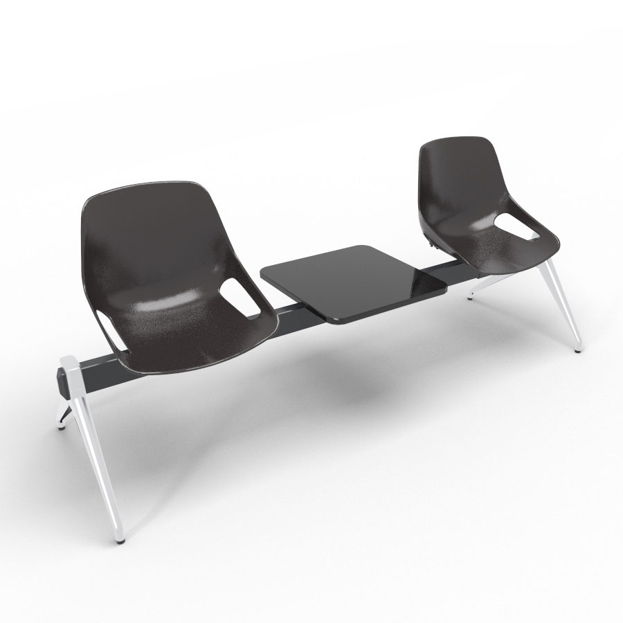 Poutre Rosalie 2 places + 1 tablette - assise polypropylne brun noir - pitement aluminium poli - traverse mtal lisse noir