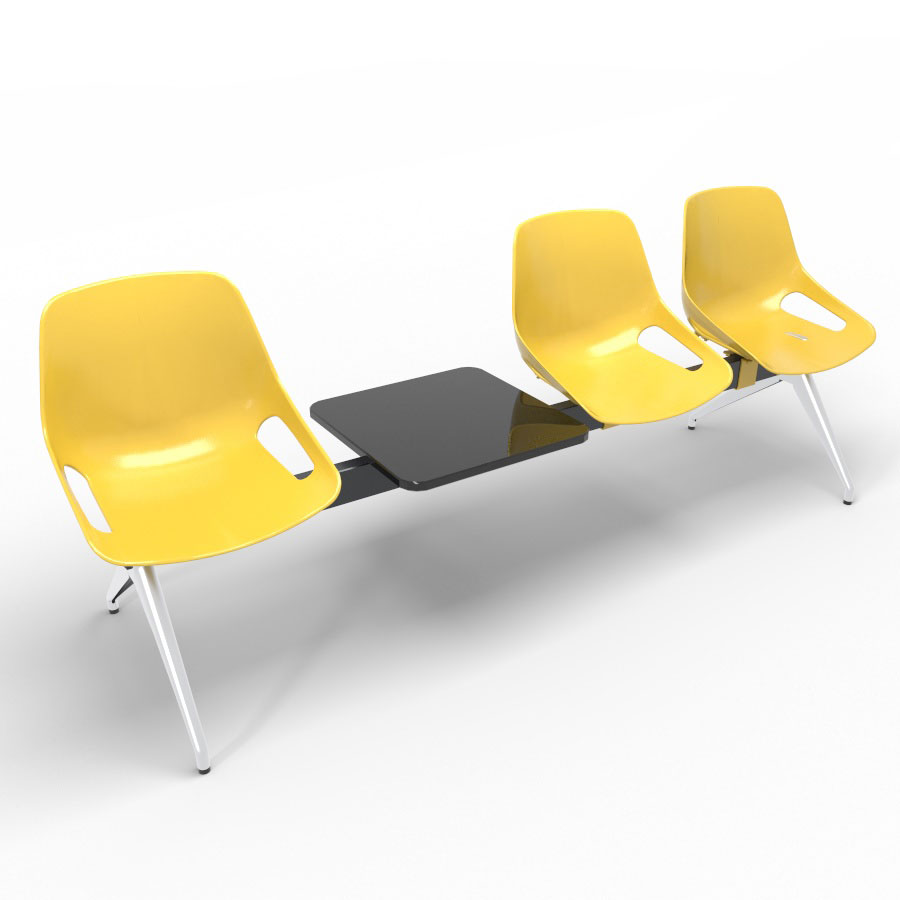 Poutre Rosalie 3 places + 1 tablette - assise polypropylne jaune - pitement aluminium poli - traverse mtal lisse noir