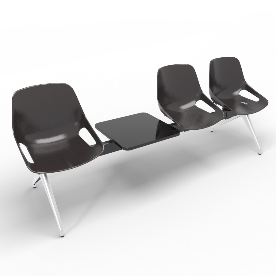 Poutre Rosalie 3 places + 1 tablette - assise polypropylne brun noir - pitement aluminium poli - traverse mtal lisse noir