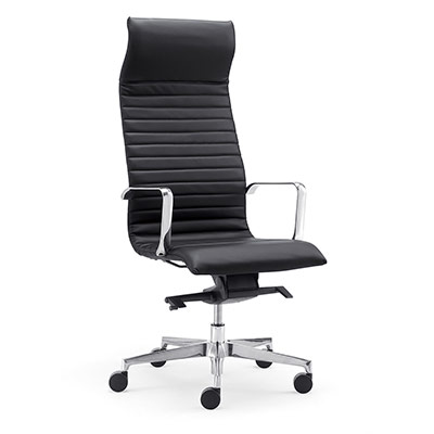 Fauteuil de direction Seven - revtement cuir noir - mcanisme basculant dcentr - pitement aluminium poli