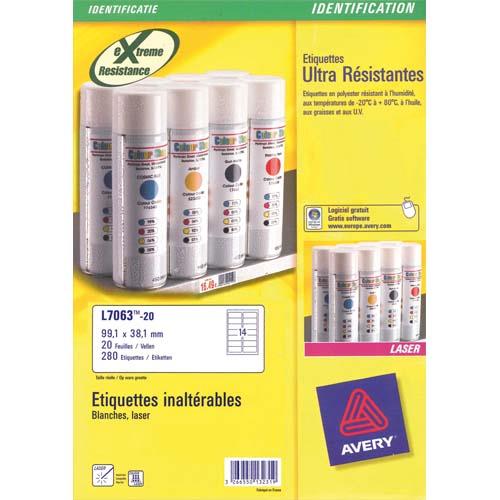 Etiquettes Avery L6011-20 - ultra rsistante mtalliques - impression laser - 63,5 x 29,6 mm - bote de 540