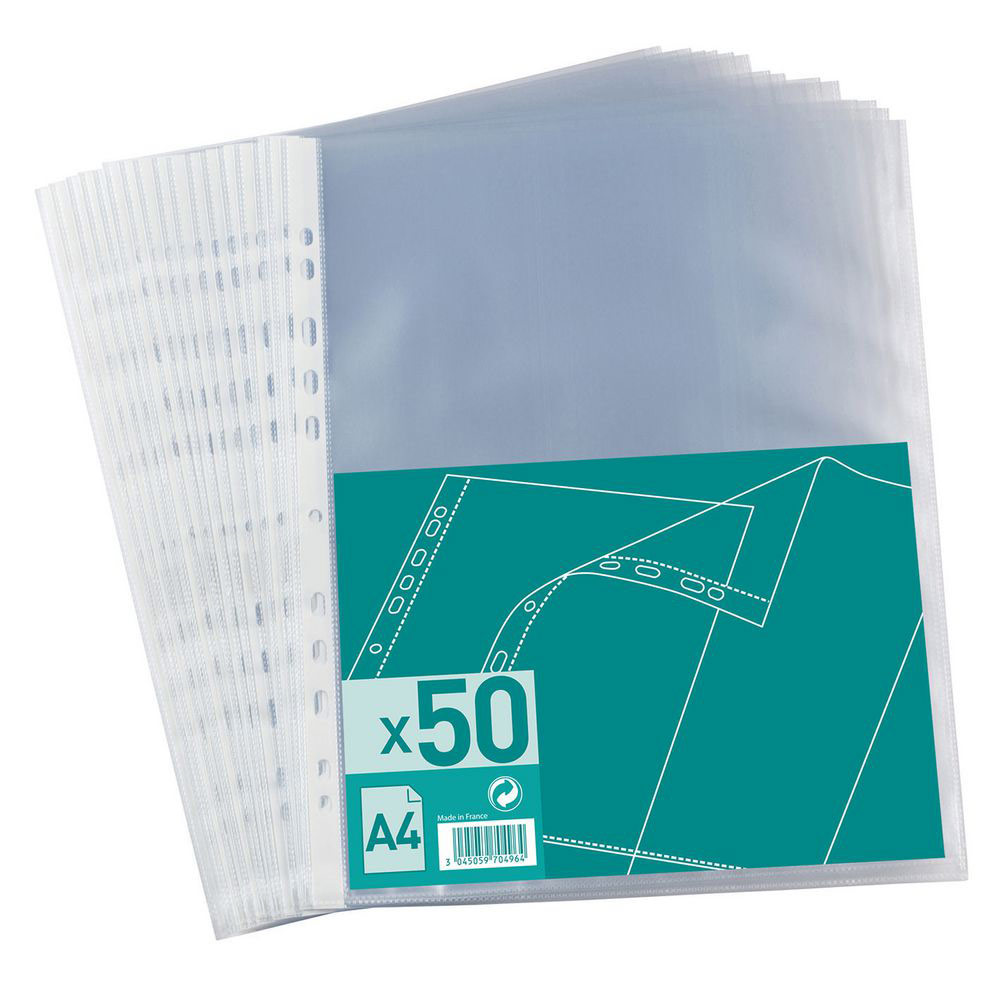 100 Pochettes Plastique Perforées A4 - 40 Microns, Transparentes, Ouverture Haute - Pour Classeurs