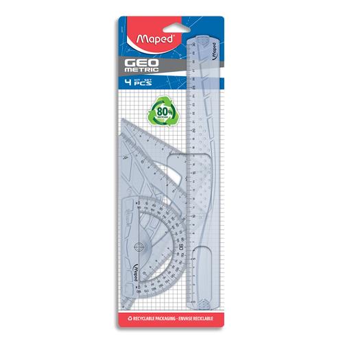 Kit de 4 instruments Maped Geometric : 1 rgle 30cm + 1 querre 45 + 1 querre 60 + 1 rapporteur 180