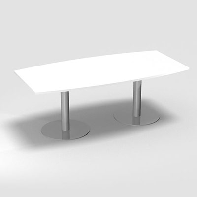 Table de r�union forme tonneau - 2 pieds centraux coloris gris aluminium - plateau d�cor blanc neige