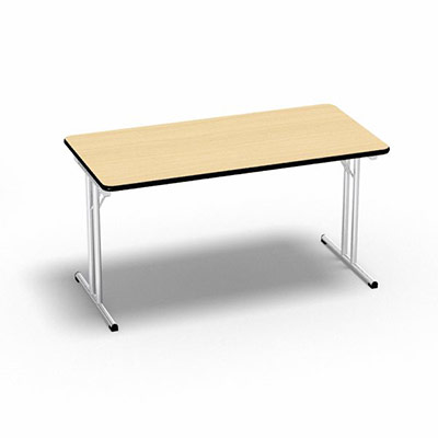 Table pliante rectangulaire L 140 x P 70 x H 73,5 cm plateau mlamine p 25 mm htre saumon pitements mtalliques ronds o 30 mm chrom