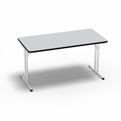 Table pliante rectangulaire L 140 x P 70 x H 73,5 cm plateau mlamine p 25 mm gris clair pitements mtalliques ronds o 30 mm chrom