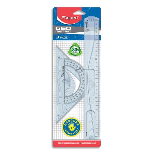 Kit de traage Maped 3 pces Geometric pr GAUCHERS:1 rgle 30cm+1 querre 60+1 querre 45+1 rapporteur