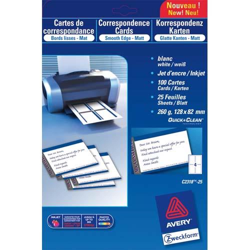 Cartes de visite Avery C32015 - 8,5 x 5,4 cm - 220 g - jet d'encre - finition mat - blanc - bo�te de 200 cartes