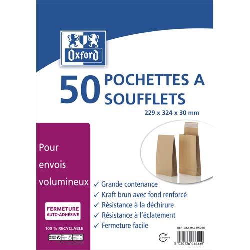 Pochettes kraft auto-adhsives Oxford - 120g - C4 - 229x324 mm - soufflet 30 mm - paquet de 50