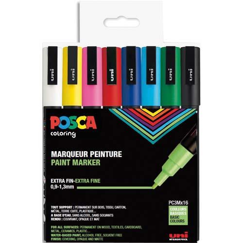 Pochette de 16 marqueurs peinture  eau Posca PC-3M - pointe conique polyester fine - coloris assortis