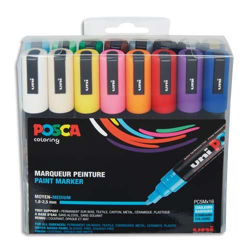Pochette de 16 marqueurs peinture  eau Posca PC-5M - pointe conique polyester moyenne - coloris assortis