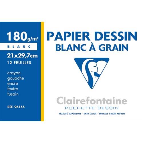 Pochette de 12 feuilles papier dessin blanc Clairefontaine - A4 - 180g - Rf : 96155