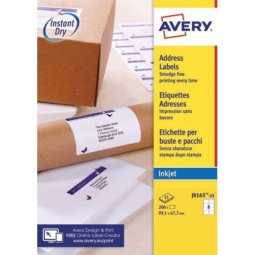 Etiquettes d'adresses Avery J8165  - impression jet d'encre - blanc  - 99,1 x 67,7 mm - 25 planches - bo�te de 200