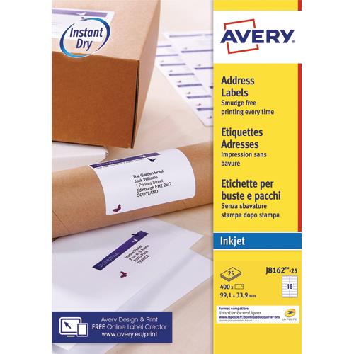 Etiquettes d'adresse Avery J8162  - impression jet d'encre - blanc  - 99,1 x 33,9 mm - 25 planches - bote de 400