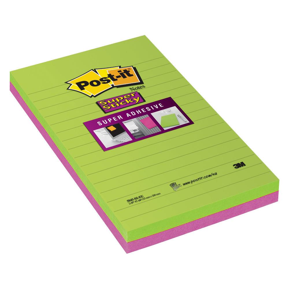 Bloc 45 Feuilles Notes Repositionnables Super Sticky Grand Rectangle Vert, Fuchsia, 125 x 200 mm (paquet 2 blocs)
