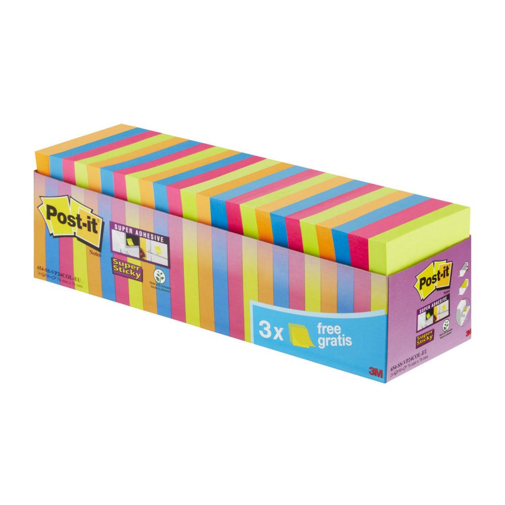 Blocs de 90 feuilles 3M Post-it Super Sticky non - 76 x 76 mm - bote de 24 dont 3 gratuits