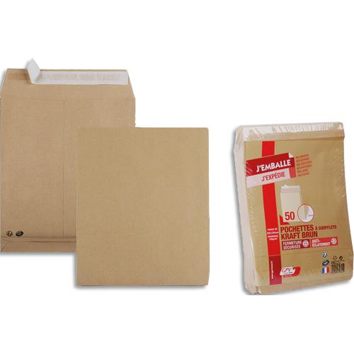 Pochettes kraft brun GPV - 120 g - fermeture auto-adhsive - soufflet 30 mm - format 24 260 x 330 mm - paquet de 50