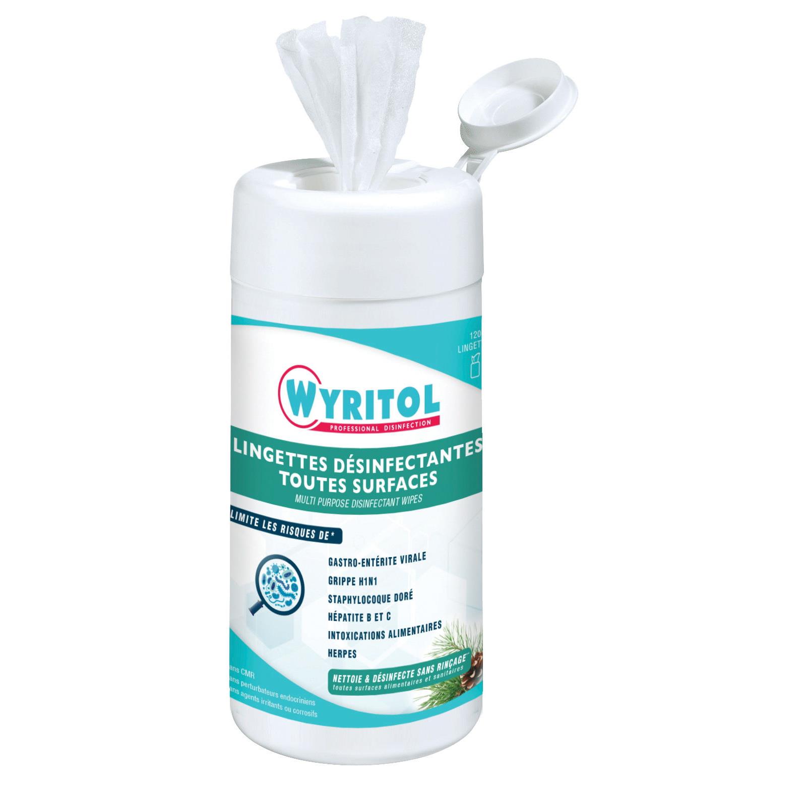 Lingettes dsinfectantes multi-usages 2 en 1 Wyritol - bote de 120