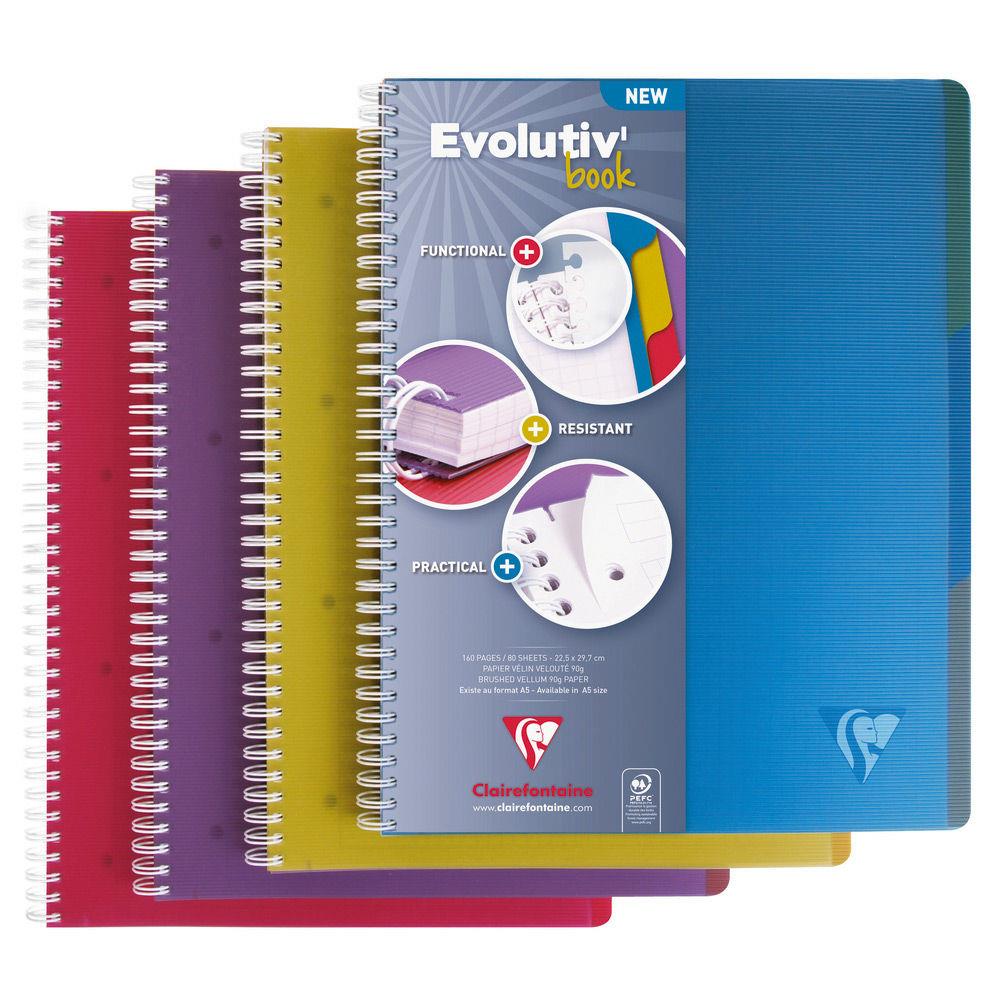Cahier  reliure intgrale EVOLUTIV'BOOK Intensive + 3 intercalaires en polypropylne repositionnables Clairefontaine - A4+ - 240 pages - quadrill 5x5 - couleurs assorties