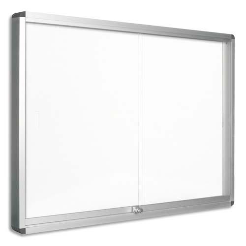 Vitrine d'intrieur Pergamy - cadre alumunium - fond magntique laqu blanc - 9 feuilles A4 - portes coulissantes